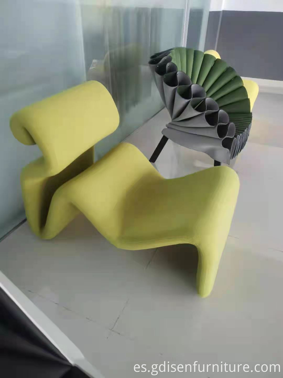 Modern designer furniture fiberglass and fabric curved chair